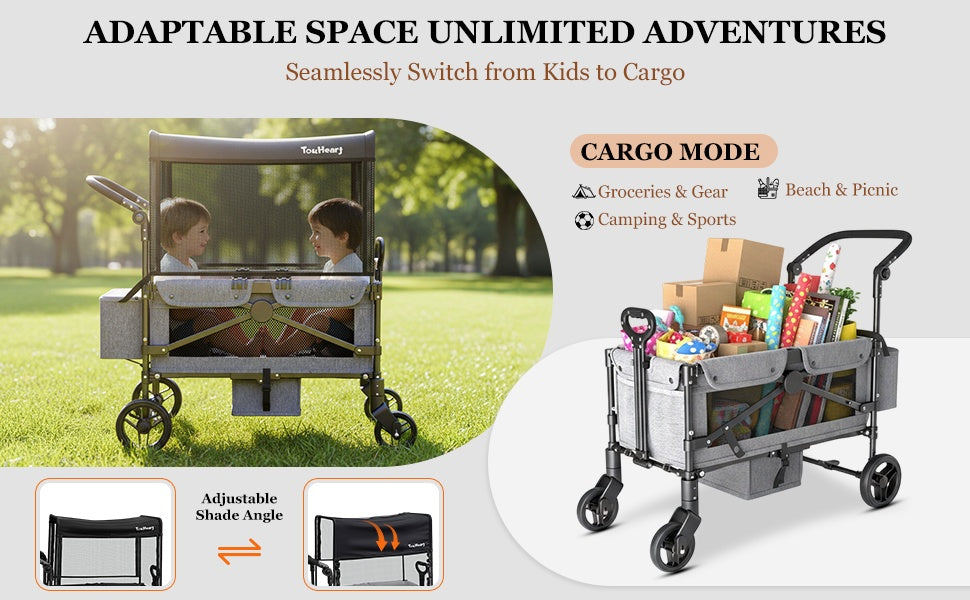 TouHeart 2 Seat Wagon Stroller For 2 Kids, Foldable All-Terrain Wagon for Toddler with Canopy 220 lbs Capacity