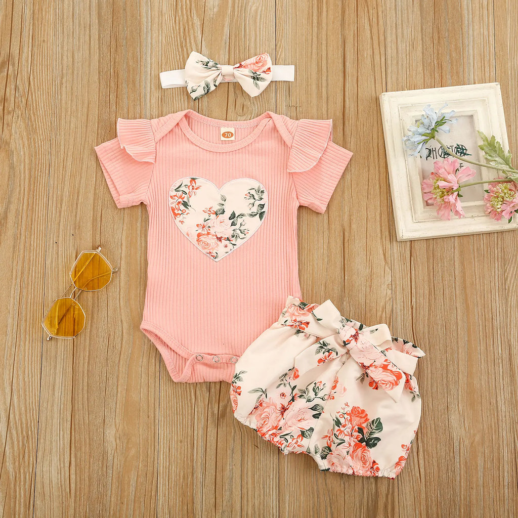 Citgeett Summer Baby Girl Clothes Set Ruffle Short Sleeve Knit Romper + Floral Shorts + Headband Sweet Set