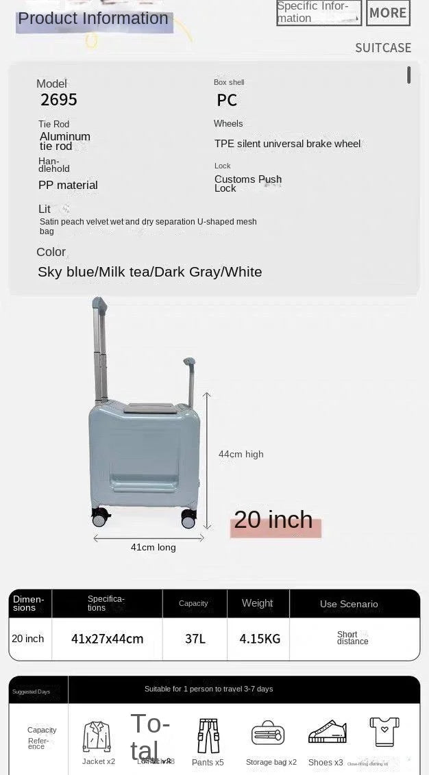 20-inch Carry-On Suitcase with Child Seat PC Rolling Luggage Multifunctional Parenting Essential Travel Suitcase Trolley Case