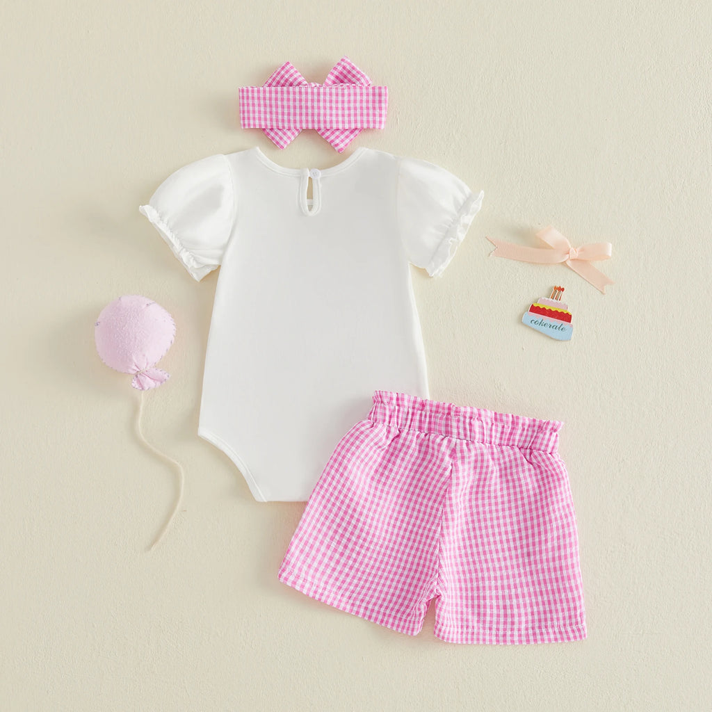 Toddler Girls Summer Outfits Short Sleeve Floral Print Romper Skirt Bow Headband Set Baby Clothes for Birthday Party