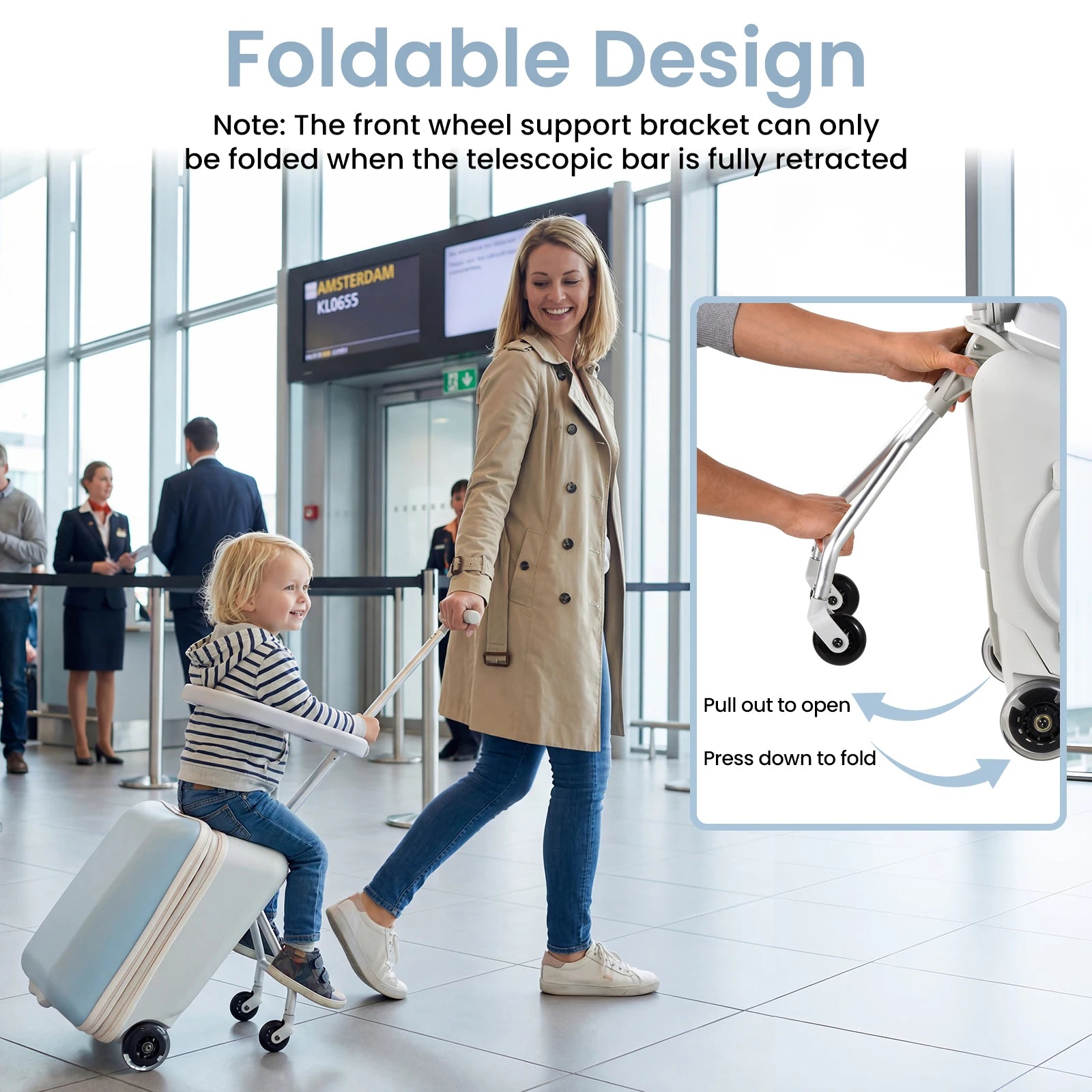 Toddler Ride on Luggage 20 Inch 2 in 1 Carry On Suitcase, Kids Travel Suitcase with Seat and Safety Guardrail, Detachable Rideable Stroller Bag with Spinner Wheels for Airplane Travels, Blue and Pink