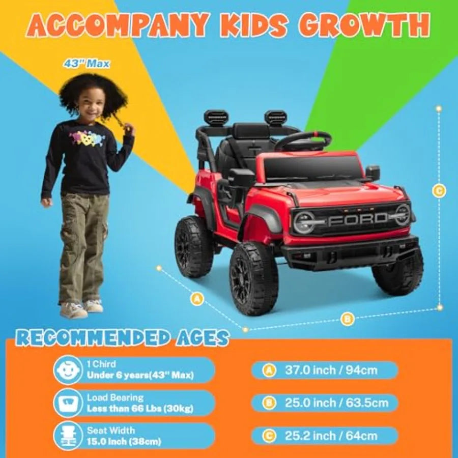 12V Kids Ride on Car Licensed Bronco Raptor, Toddler Electric Car with Remote Control, Battery Powered Ride on Toy Truck w/LED Lights, Music Player, Horn, Seat Belt, Soft Start (Red)