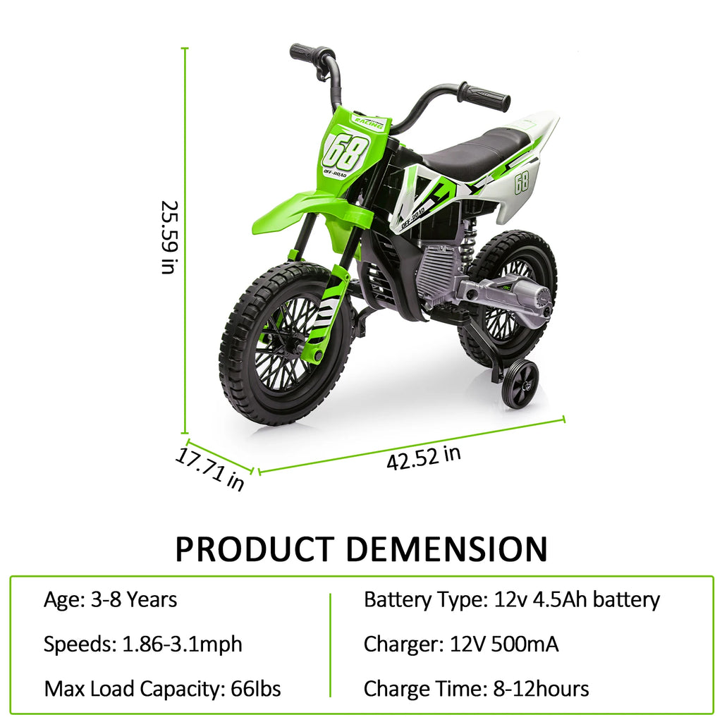 12v Kids Electric Dirt Bike with Training Wheels Twist Grip Throttle 3Mph Max Speed Music Safe Ride-on Motorcycle for Children