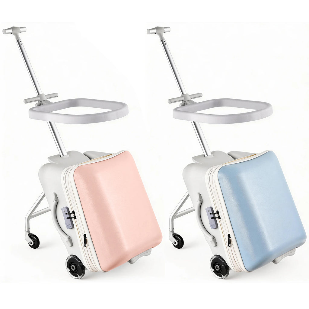 Toddler Ride on Luggage 20 Inch 2 in 1 Carry On Suitcase, Kids Travel Suitcase with Seat and Safety Guardrail, Detachable Rideable Stroller Bag with Spinner Wheels for Airplane Travels, Blue and Pink
