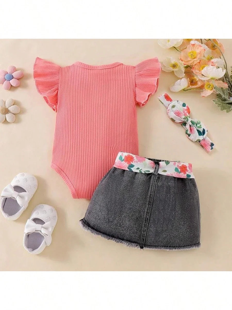 Baby Girl Clothes Newborn Romper Ruffle Sleeve Short Jeans Skirt With Headband Infant Outfits Set 0-18 Months