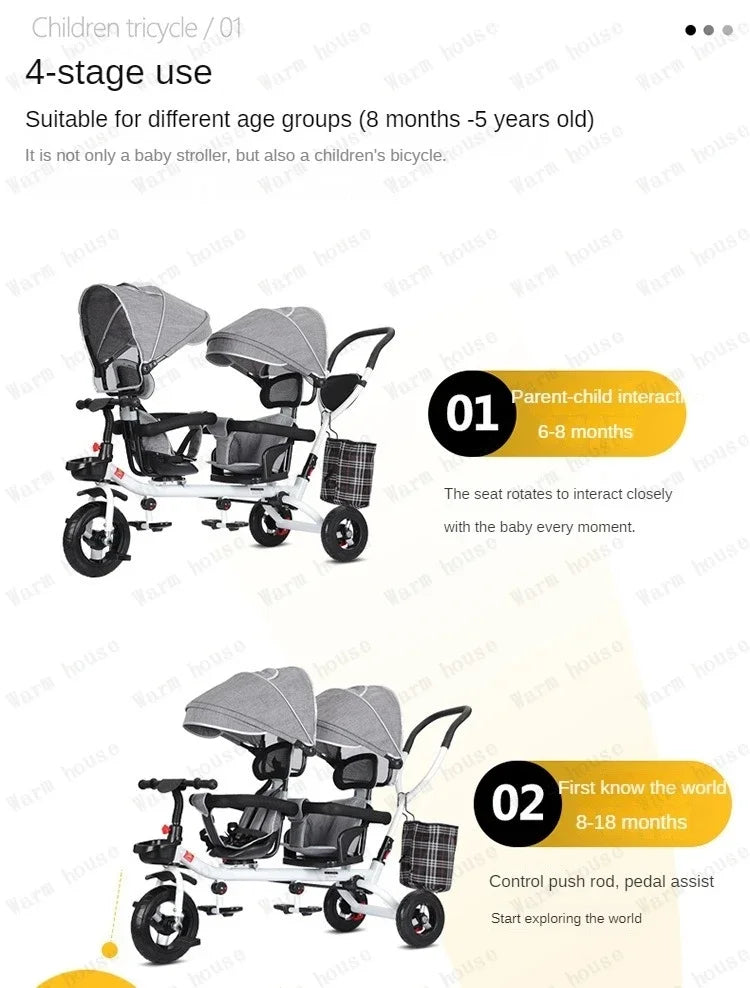 Children's Double Stroller Multifunctional Two-way Baby Stroller  Twins Stroller Double Folding Three-wheel Car