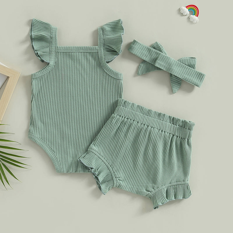 2023-04-12 Lioraitiin 0-18M Toddler Girls 3Pcs Summer Clothes Fly Sleeve Solid Romper Tops Drawstring Short Pants Headband