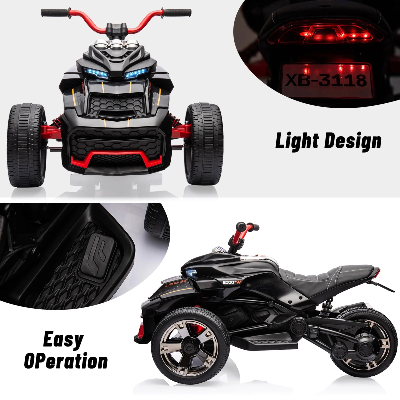 12V Kids Ride-on ATV Motorcycle, 3-Wheeler Electric Toy Car with LED Lights, Music, Horn, USB & Treaded Tires Battery-Powered