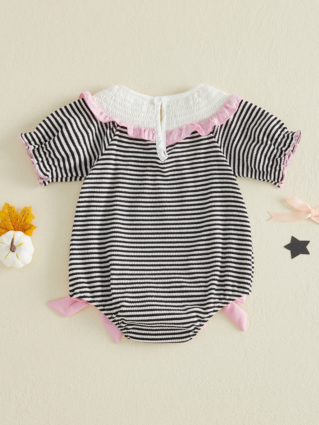 Infant Halloween Costume Romper with Spooky Ghost and Pumpkin Embroidery Striped Print and Crew Neck - Adorable Baby Girl