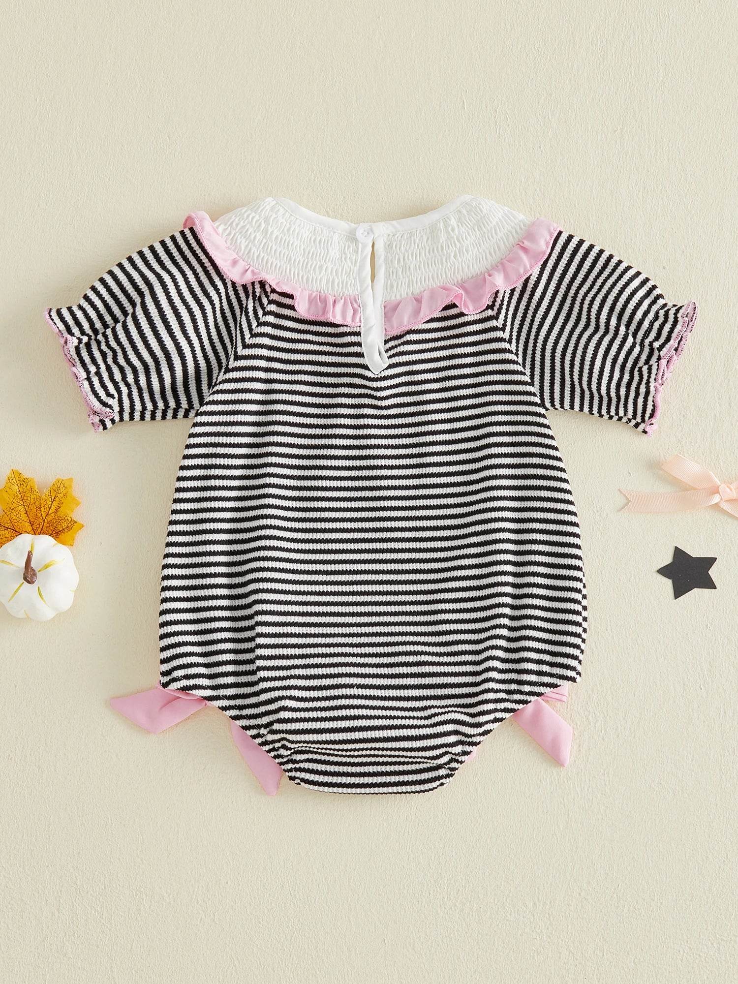 Infant Halloween Costume Romper with Spooky Ghost and Pumpkin Embroidery Striped Print and Crew Neck - Adorable Baby Girl