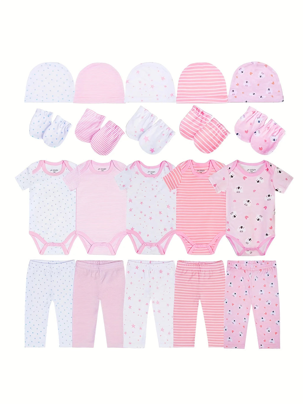 baby girl clothes pink cotton 20 pieces set 5 onesie 5 pants 5 gloves 5 hats newborn romper sets infant outfits soft homewear best gift for new mom