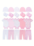 baby girl clothes pink cotton 20 pieces set 5 onesie 5 pants 5 gloves 5 hats newborn romper sets infant outfits soft homewear best gift for new mom
