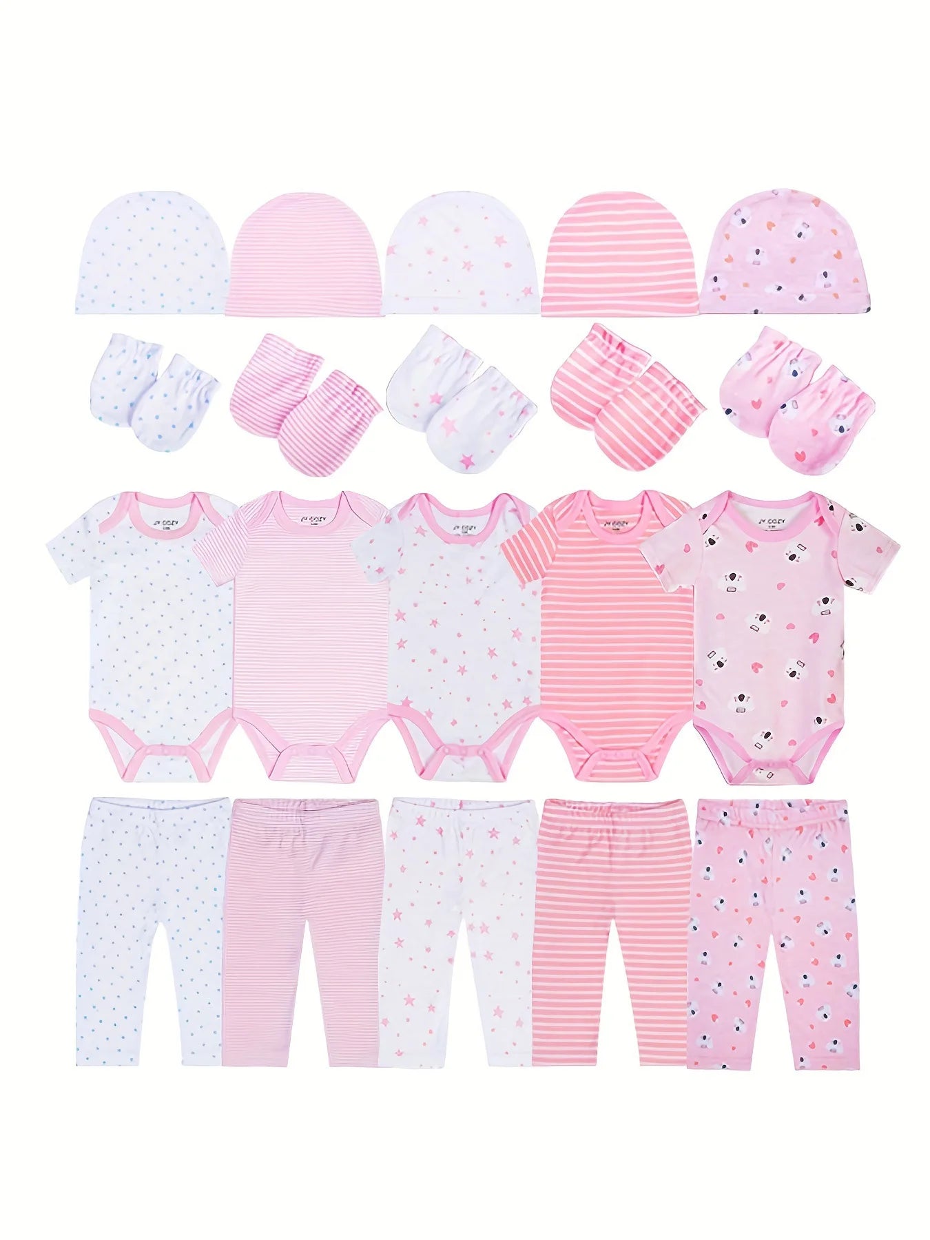 baby girl clothes pink cotton 20 pieces set 5 onesie 5 pants 5 gloves 5 hats newborn romper sets infant outfits soft homewear best gift for new mom