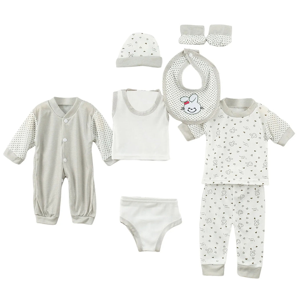 New Born Baby 8PCS Newborn Baby Boy Girl Tops+Hat+Pants +Bib+Sock Shose+Romper Outfits Set Cute Shirt Girl