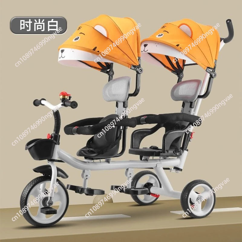 Twin kids tricycle, twin seater two-child pedal stroller, twin baby large lightweight 1-7 year old stroller