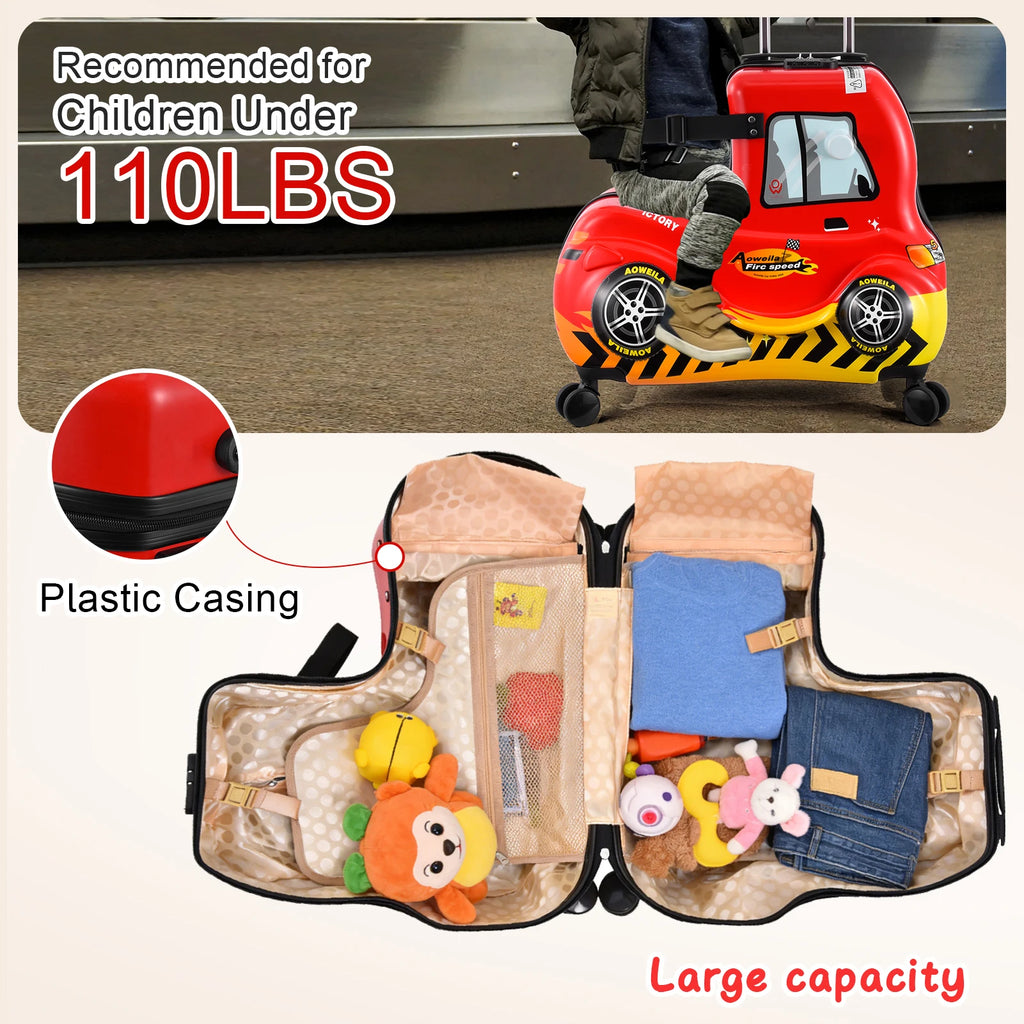 Kids Ride on Suitcase 24 Inch Ride on Trolley Case Cute Red Car Kids Suitcase Cabin Case with Adjustable Handle Wheels