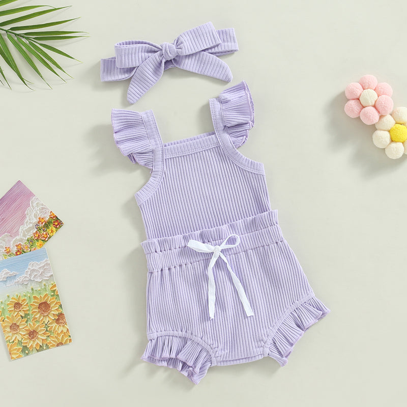 2023-04-12 Lioraitiin 0-18M Toddler Girls 3Pcs Summer Clothes Fly Sleeve Solid Romper Tops Drawstring Short Pants Headband