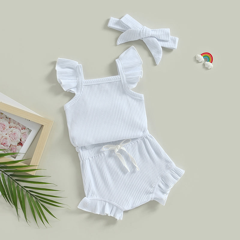 2023-04-12 Lioraitiin 0-18M Toddler Girls 3Pcs Summer Clothes Fly Sleeve Solid Romper Tops Drawstring Short Pants Headband