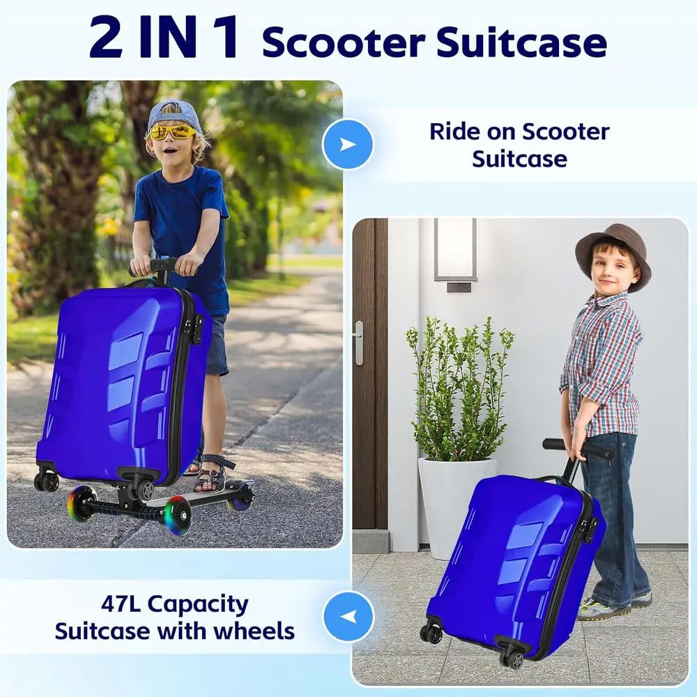 Lightweight 3D Hardshell Ride-On Scooter Suitcase with LED Wheels, TSA Lock for Kids & Adults (Blue, 21-inch)