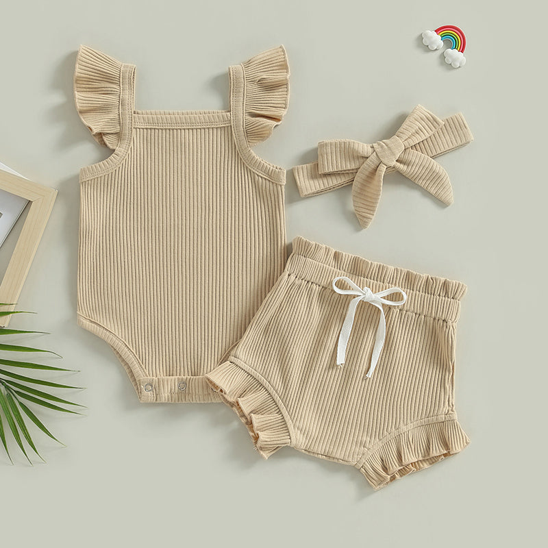 2023-04-12 Lioraitiin 0-18M Toddler Girls 3Pcs Summer Clothes Fly Sleeve Solid Romper Tops Drawstring Short Pants Headband