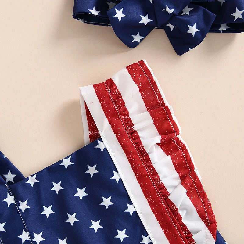 Citgeett Summer Independence Day Infant Baby Girl Outfits Sleeveless Backless Ruffle Bodysuit Headband Clothes Set
