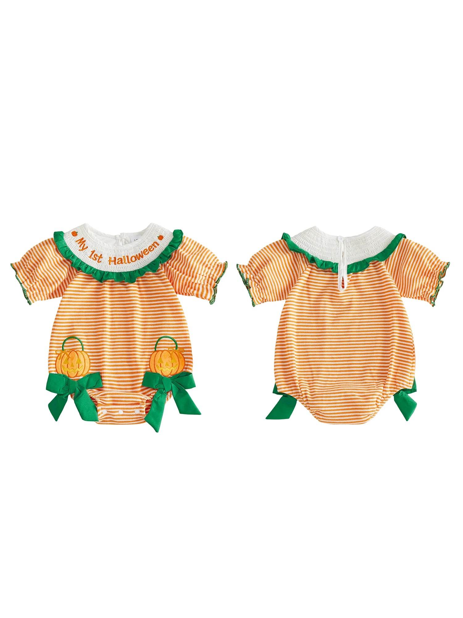 Infant Halloween Costume Romper with Spooky Ghost and Pumpkin Embroidery Striped Print and Crew Neck - Adorable Baby Girl