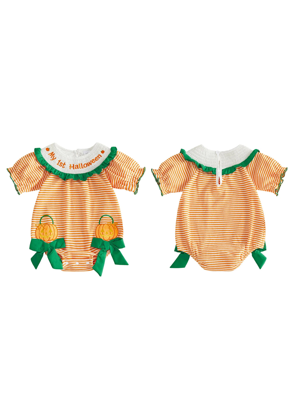 Infant Halloween Costume Romper with Spooky Ghost and Pumpkin Embroidery Striped Print and Crew Neck - Adorable Baby Girl