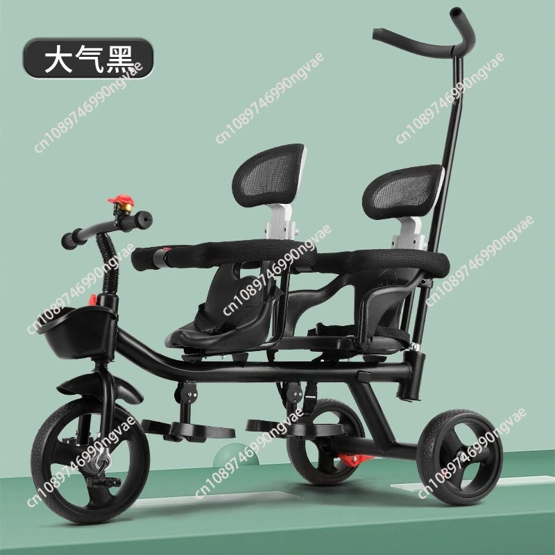 Twin kids tricycle, twin seater two-child pedal stroller, twin baby large lightweight 1-7 year old stroller