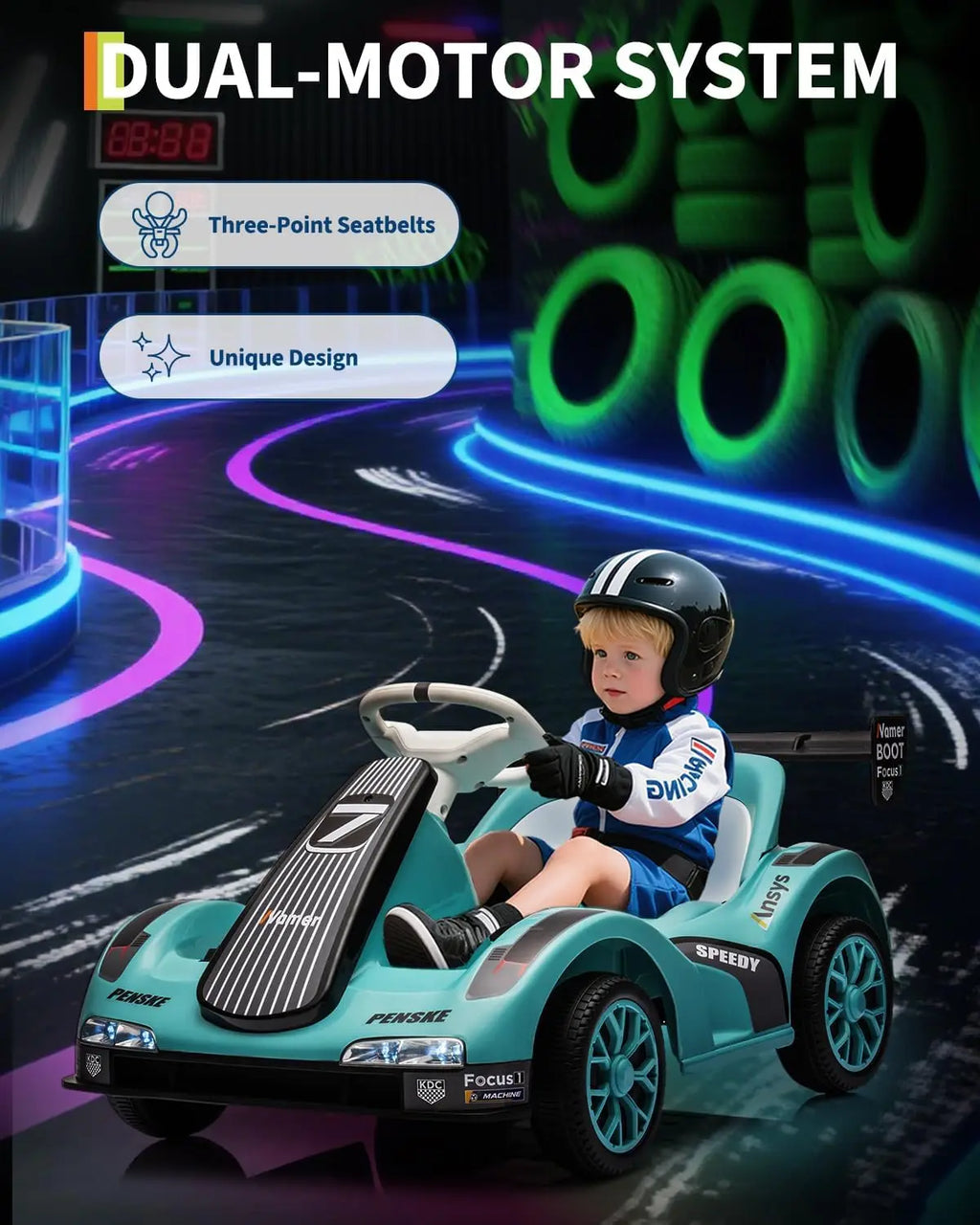 Drift Kart for Kids Electric Ride on Car with Dual Motor 6v Battery-Powered Racing Go Kart with Remote Control, LED Lights,