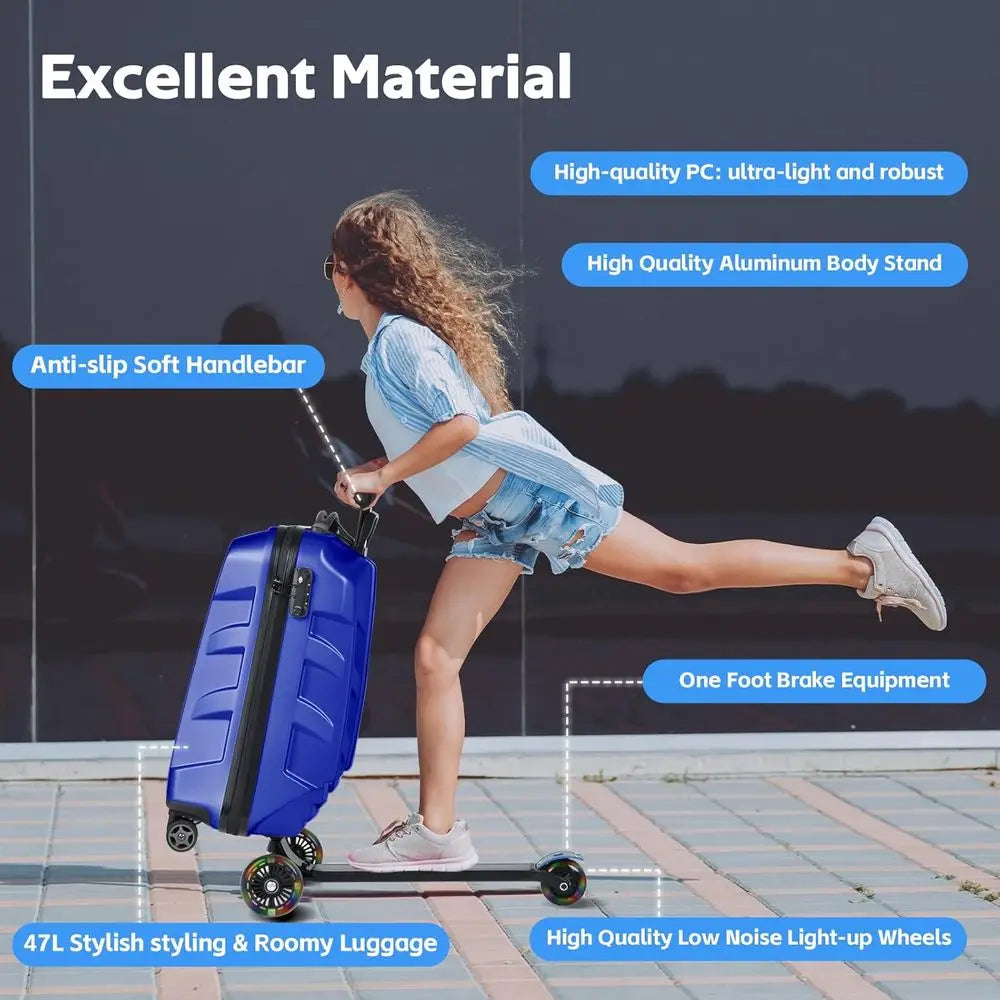 Lightweight 3D Hardshell Ride-On Scooter Suitcase with LED Wheels, TSA Lock for Kids & Adults (Blue, 21-inch)