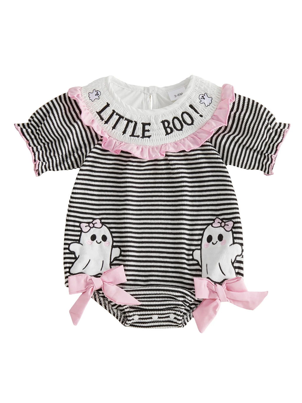 Infant Halloween Costume Romper with Spooky Ghost and Pumpkin Embroidery Striped Print and Crew Neck - Adorable Baby Girl