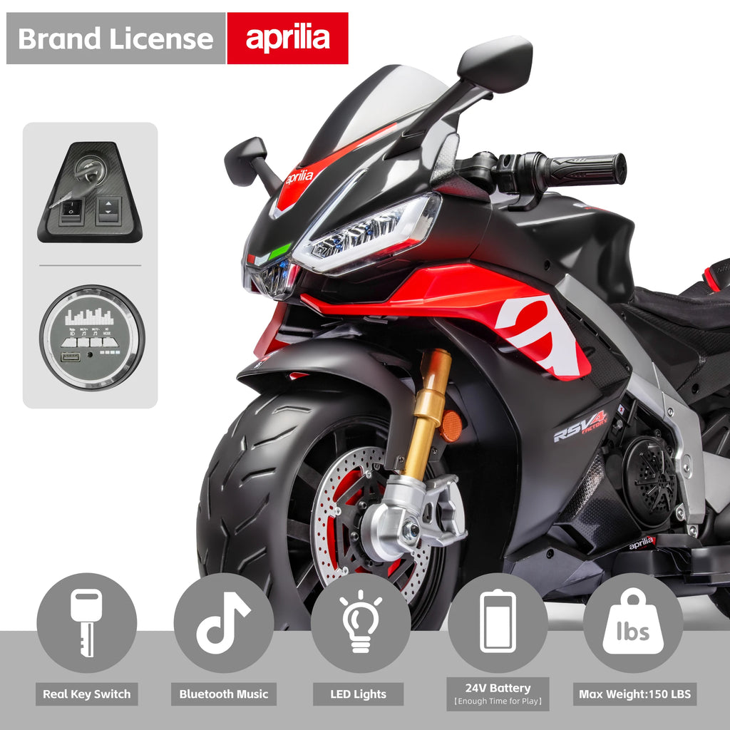 24V Kids Motorcycle Electric Motorbike Aprilia Licensed Ride on Toy w/LED Lights Bluetooth Music Battery Powered 10MPH