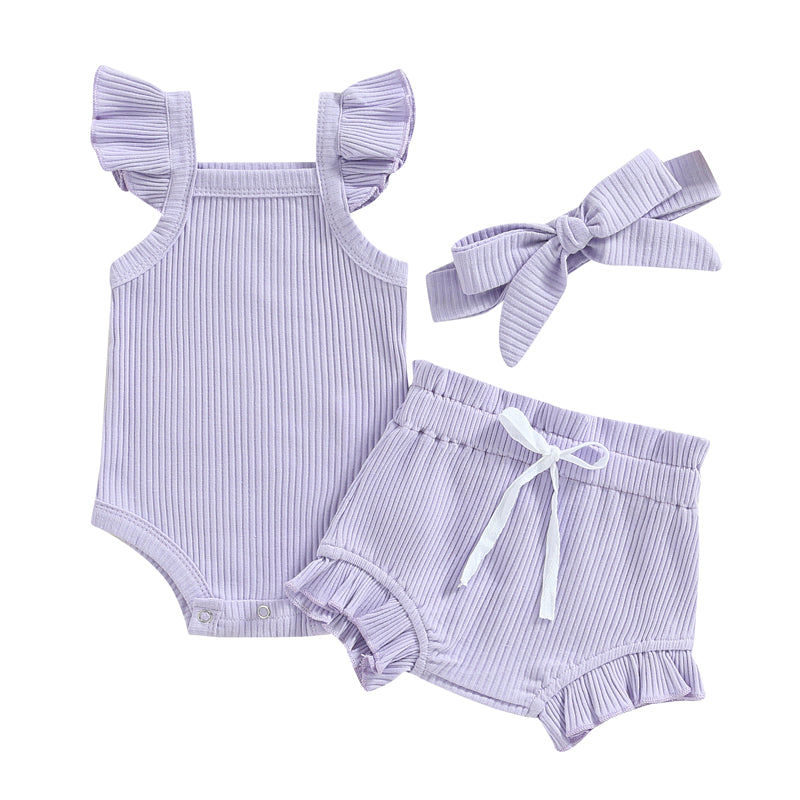 2023-04-12 Lioraitiin 0-18M Toddler Girls 3Pcs Summer Clothes Fly Sleeve Solid Romper Tops Drawstring Short Pants Headband