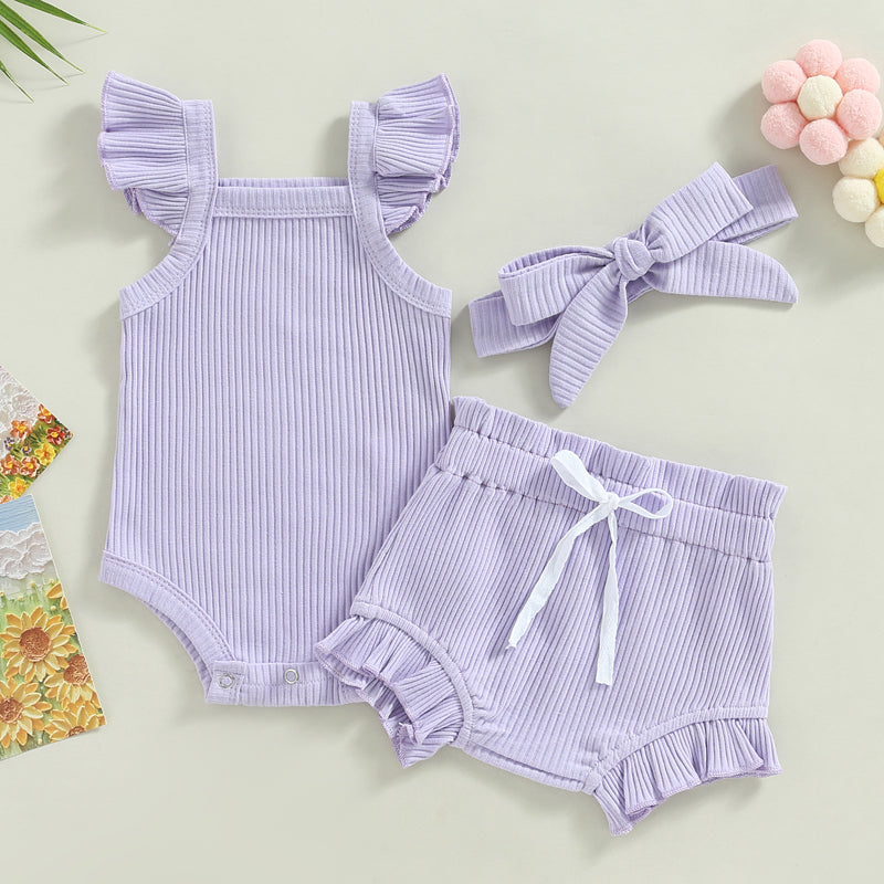 2023-04-12 Lioraitiin 0-18M Toddler Girls 3Pcs Summer Clothes Fly Sleeve Solid Romper Tops Drawstring Short Pants Headband