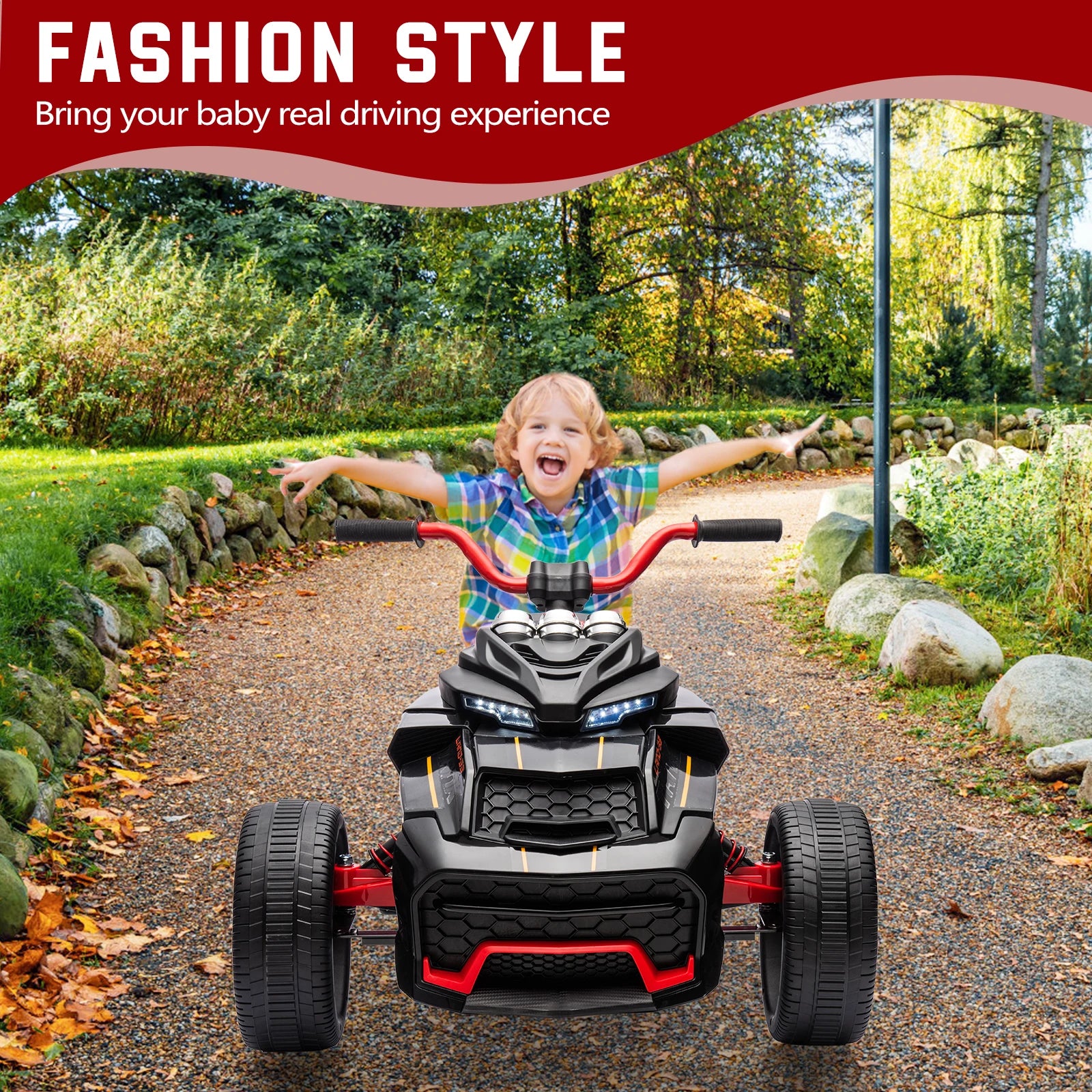 12V Kids Ride-on ATV Motorcycle, 3-Wheeler Electric Toy Car with LED Lights, Music, Horn, USB & Treaded Tires Battery-Powered