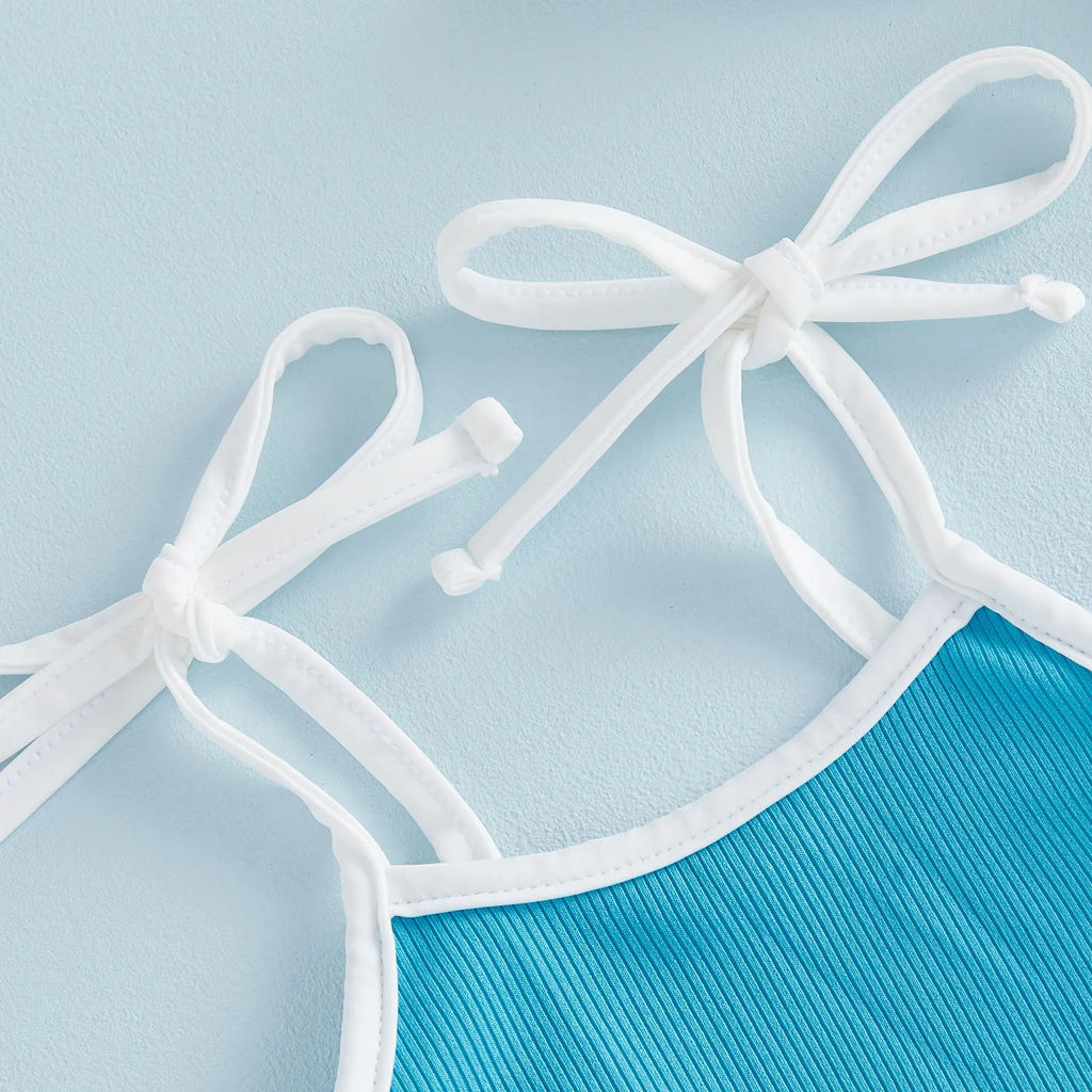 Toddler Baby Girl Swimwear With Hat 2Pcs Bathing Suit Kids Holiday Casual Cami Romper Swimsuit Sleeveless Ruffle Trim Beachwear