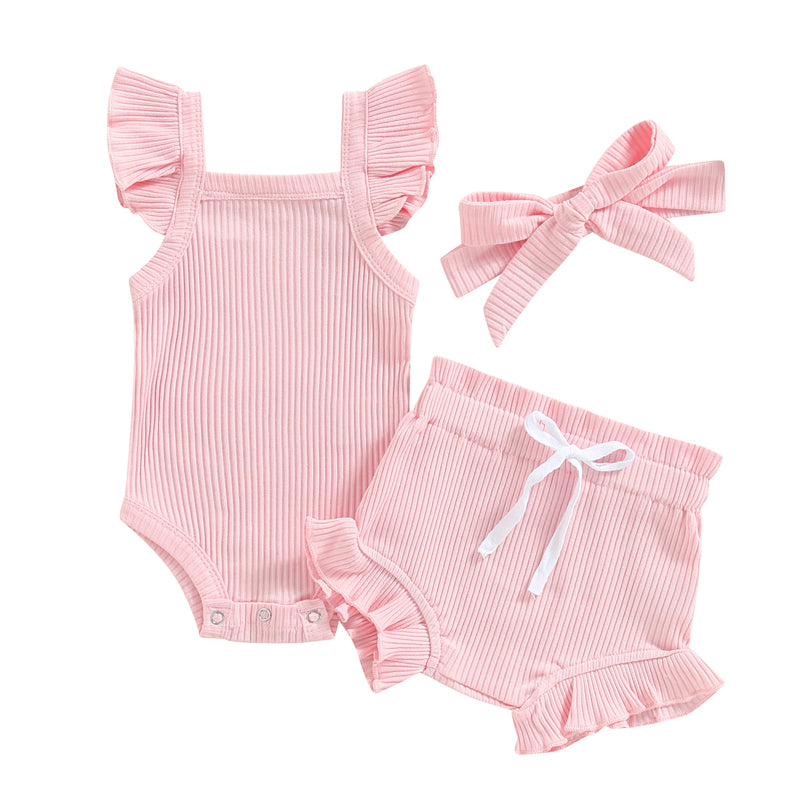2023-04-12 Lioraitiin 0-18M Toddler Girls 3Pcs Summer Clothes Fly Sleeve Solid Romper Tops Drawstring Short Pants Headband