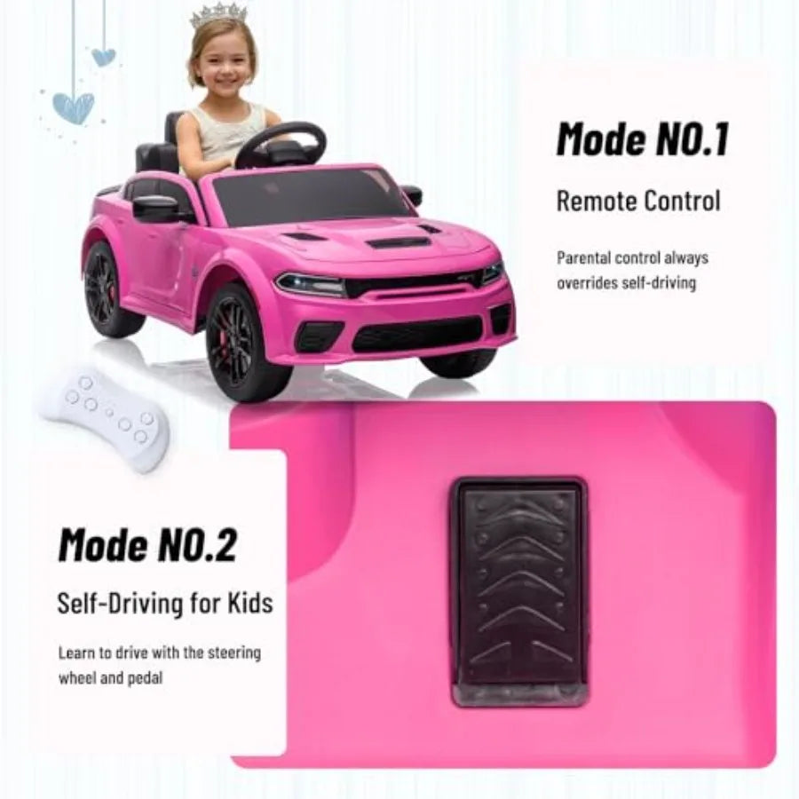 Electric Car for Licensed Dodge Charger SRT Hellcat Ride on Car Pink 12V 7A Remote Control with Music LED Light Bluetooth Max S