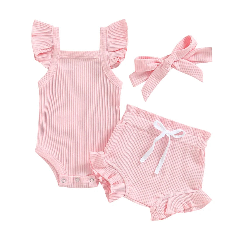 2023-04-12 Lioraitiin 0-18M Toddler Girls 3Pcs Summer Clothes Fly Sleeve Solid Romper Tops Drawstring Short Pants Headband