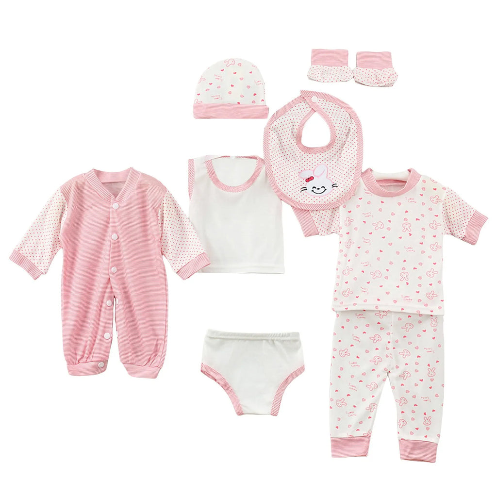 New Born Baby 8PCS Newborn Baby Boy Girl Tops+Hat+Pants +Bib+Sock Shose+Romper Outfits Set Cute Shirt Girl