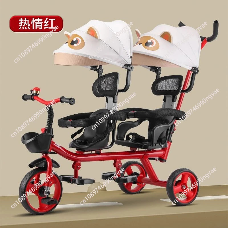 Twin kids tricycle, twin seater two-child pedal stroller, twin baby large lightweight 1-7 year old stroller