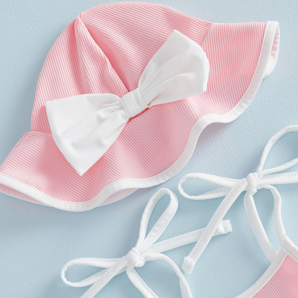Toddler Baby Girl Swimwear With Hat 2Pcs Bathing Suit Kids Holiday Casual Cami Romper Swimsuit Sleeveless Ruffle Trim Beachwear