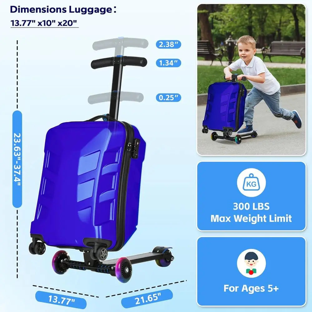 Lightweight 3D Hardshell Ride-On Scooter Suitcase with LED Wheels, TSA Lock for Kids & Adults (Blue, 21-inch)
