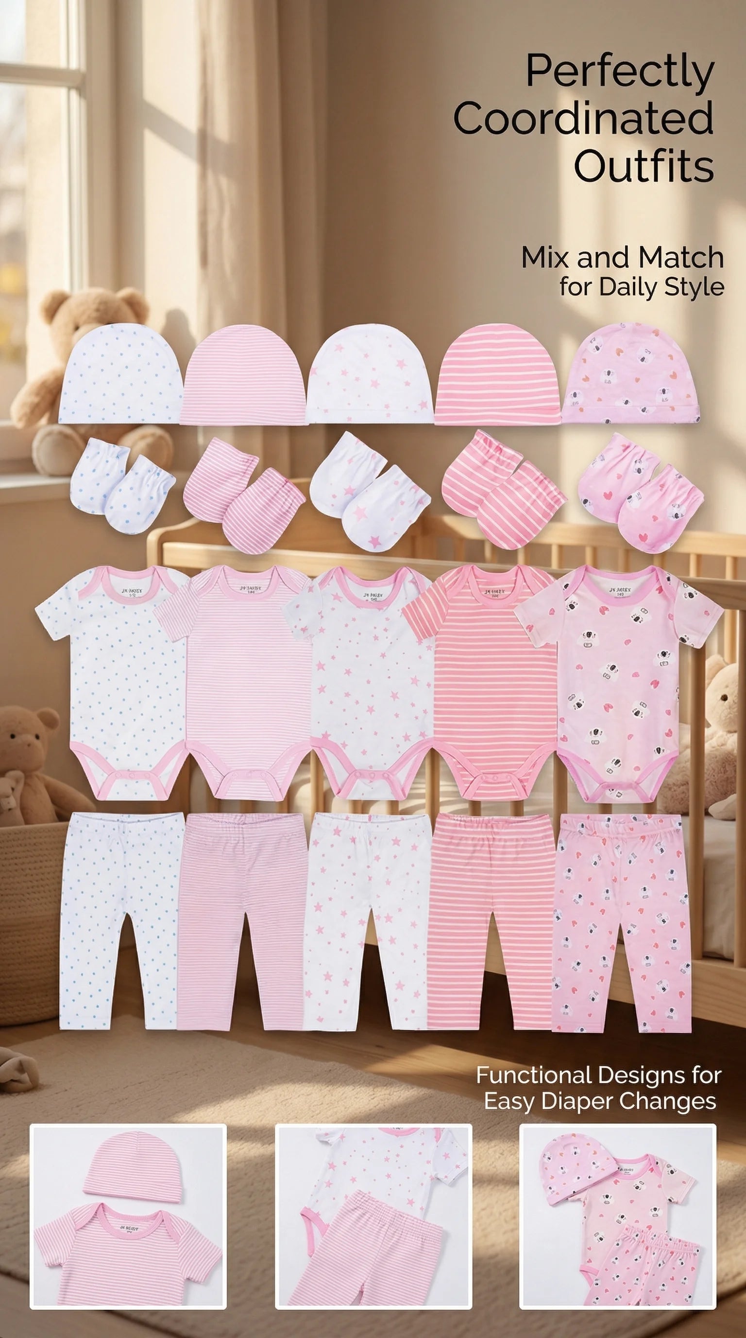 baby girl clothes pink cotton 20 pieces set 5 onesie 5 pants 5 gloves 5 hats newborn romper sets infant outfits soft homewear best gift for new mom