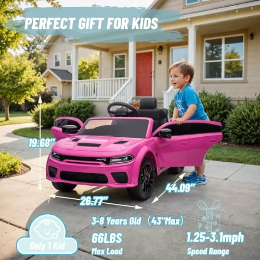 Electric Car for Licensed Dodge Charger SRT Hellcat Ride on Car Pink 12V 7A Remote Control with Music LED Light Bluetooth Max S