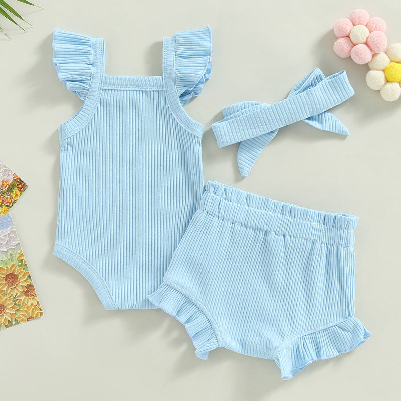2023-04-12 Lioraitiin 0-18M Toddler Girls 3Pcs Summer Clothes Fly Sleeve Solid Romper Tops Drawstring Short Pants Headband