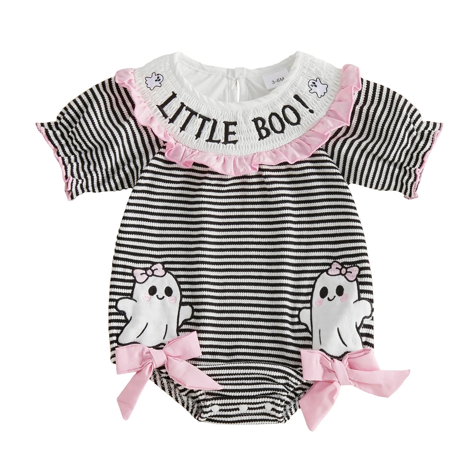 Infant Halloween Costume Romper with Spooky Ghost and Pumpkin Embroidery Striped Print and Crew Neck - Adorable Baby Girl