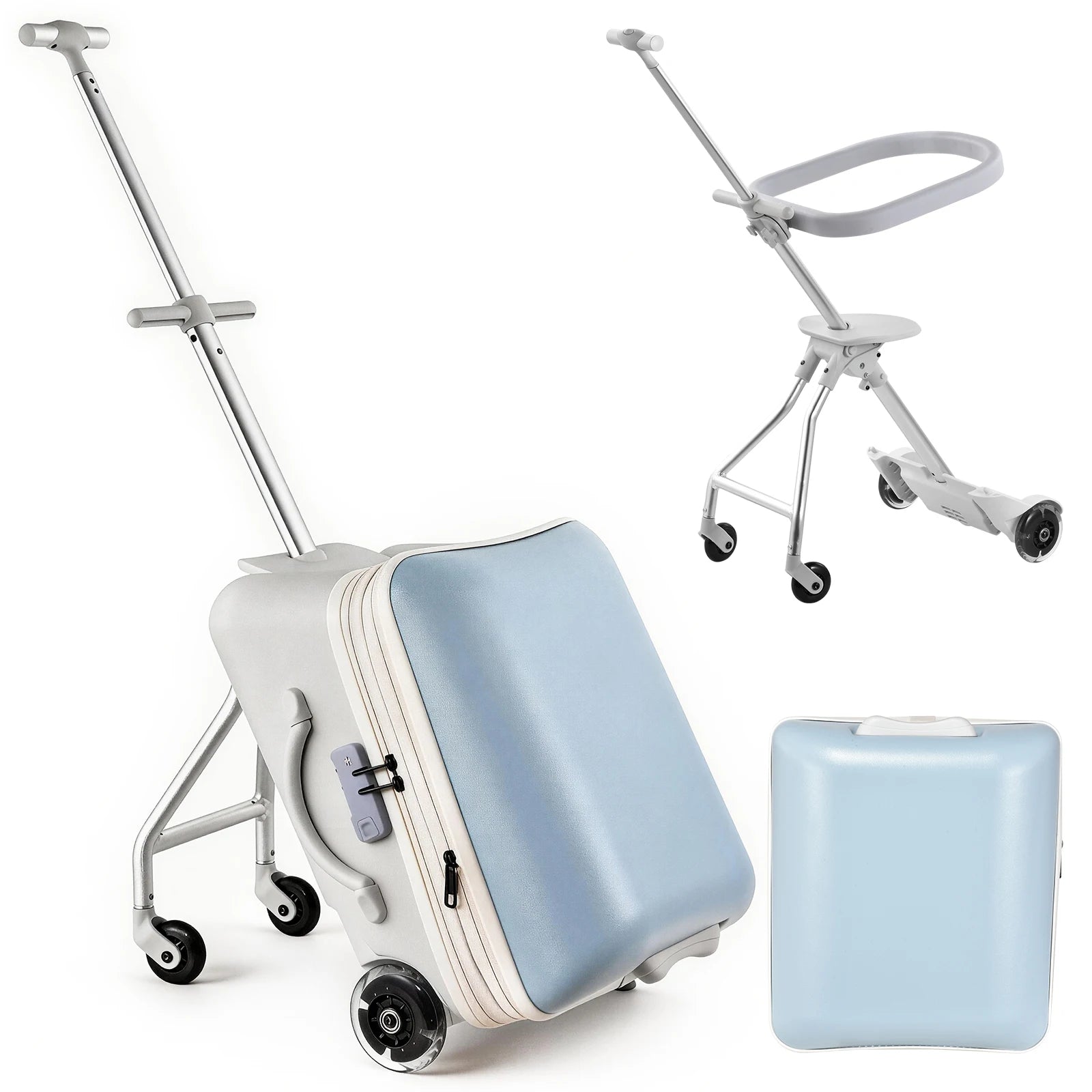 Toddler Ride on Luggage 20 Inch 2 in 1 Carry On Suitcase, Kids Travel Suitcase with Seat and Safety Guardrail, Detachable Rideable Stroller Bag with Spinner Wheels for Airplane Travels, Blue and Pink