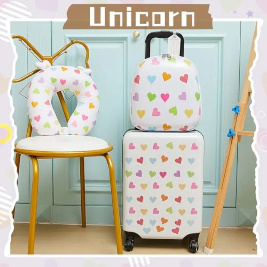 4 Pcs Luggage Set Carry On Rolling Suitcase Backpack Neck Pillow Travel Set Gift for Girls Boys Summer Camp