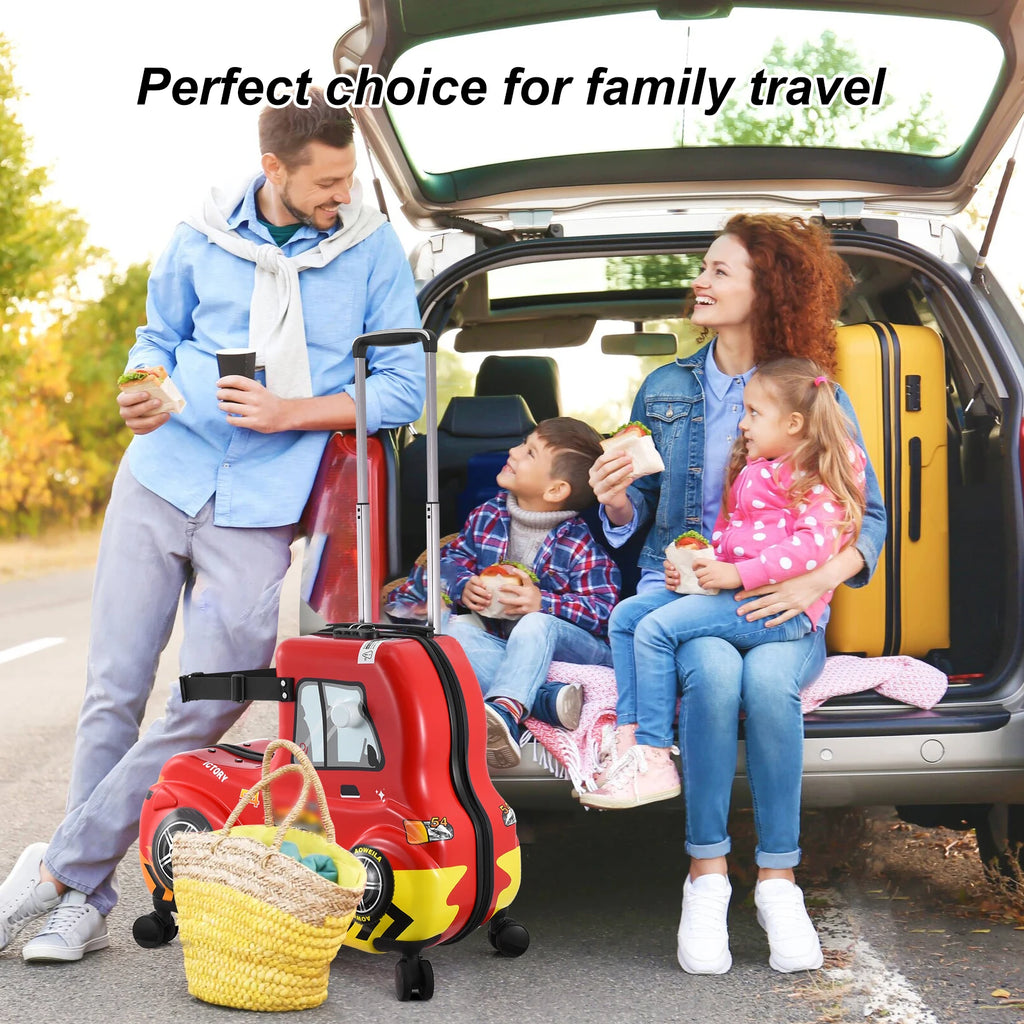 Kids Ride on Suitcase 24 Inch Ride on Trolley Case Cute Red Car Kids Suitcase Cabin Case with Adjustable Handle Wheels
